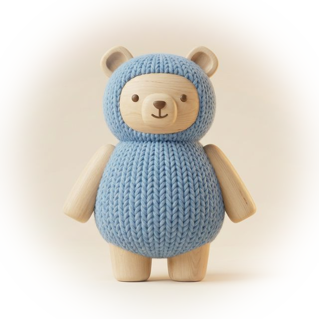 A wooden toy bear wearing a blue knitted jumper